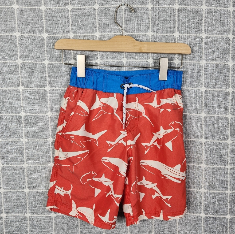Boden Red Shark Print Swim Trunks